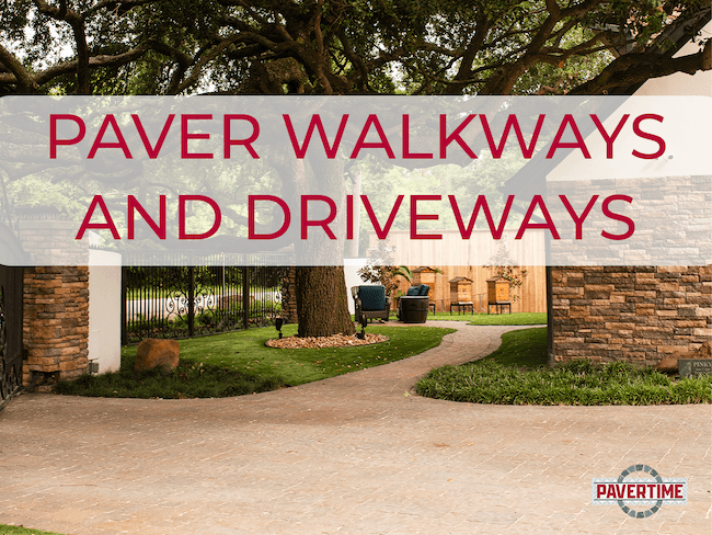 Concrete paver walkway next to a driveway leading to a seating area under a large tree. The text “paver walkways and driveways” is overlaying the image