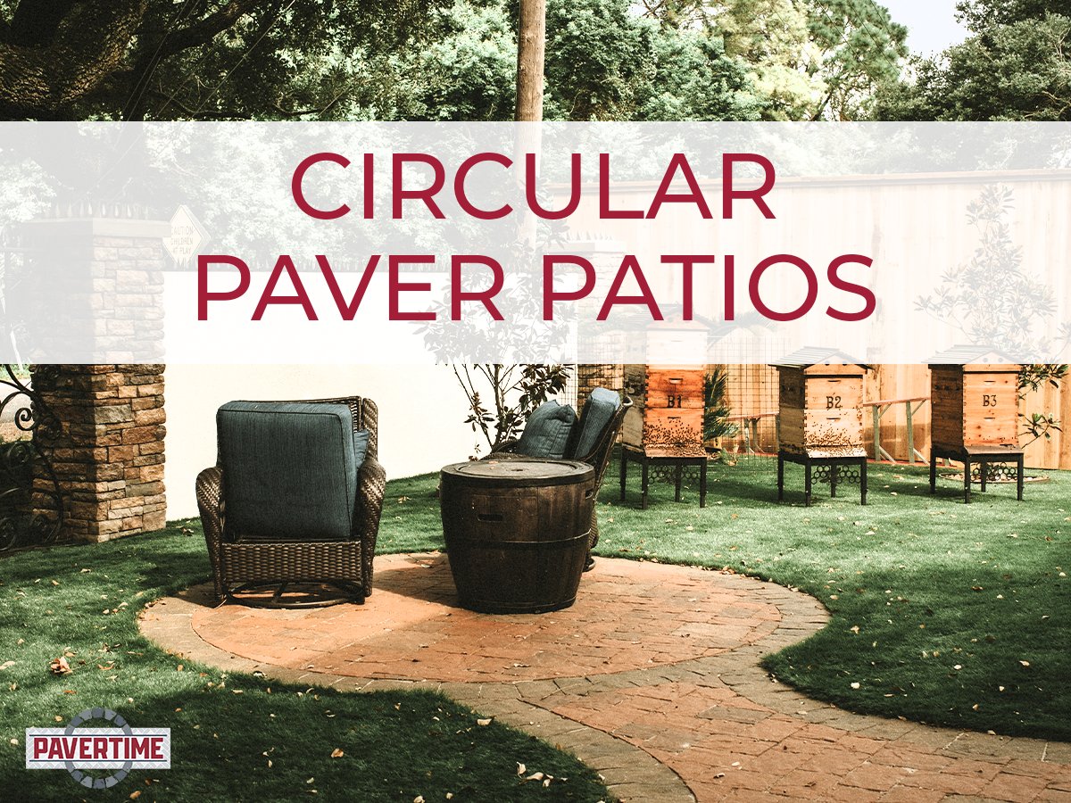 Photo of a simple circular patio in a backyard with text overlay “Circular Paver Patios”