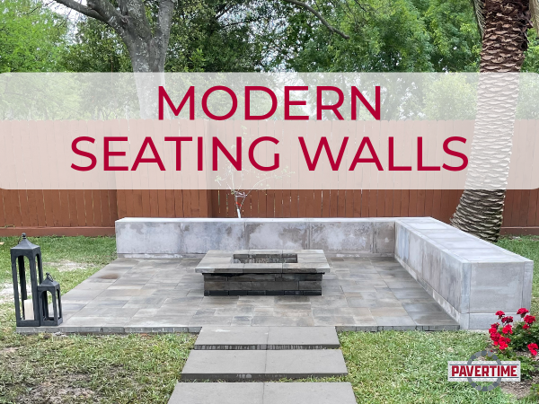 Modern seating wall surrounding a firepit installed by Pavertime in Texas.